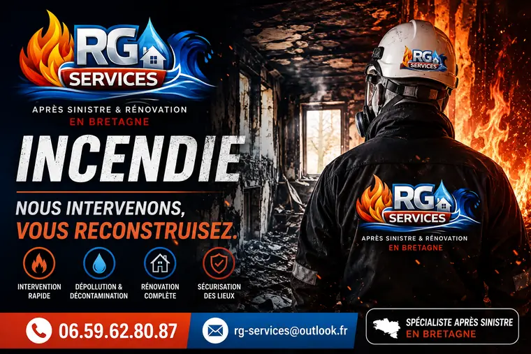 Technicien RG SERVICES équipé dans un logement après un incendie en Bretagne