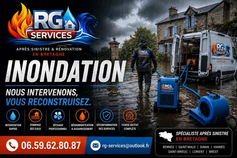 Intervention RG SERVICES devant une maison bretonne inondée