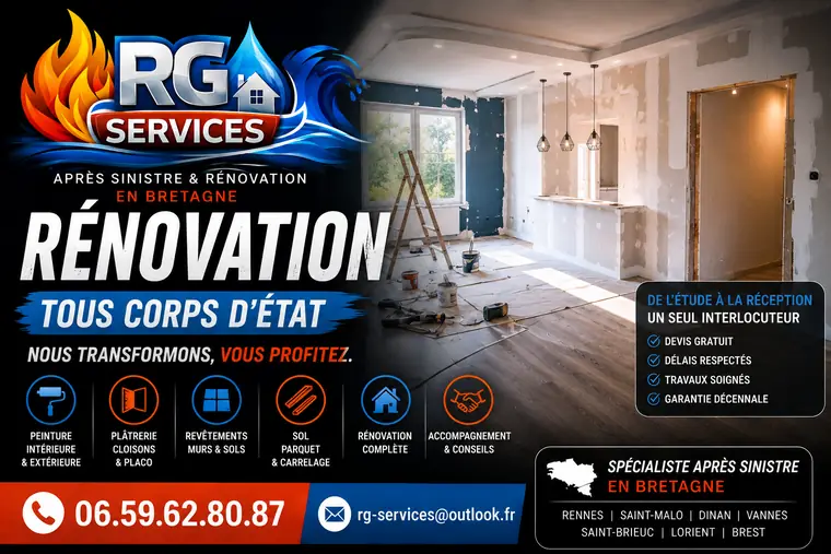 Chantier de rénovation intérieure mené par RG SERVICES en Bretagne